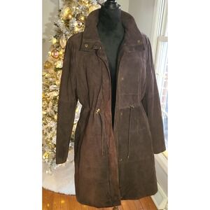 W By Worth Coat Chocolate Brown Snap Zipper Leather Suede Cinch Waist Lined Med
